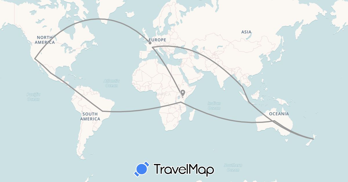 TravelMap itinerary: plane in Australia, Brazil, France, Indonesia, Kenya, Mexico, New Zealand, Thailand, Tanzania, United States (Africa, Asia, Europe, North America, Oceania, South America)